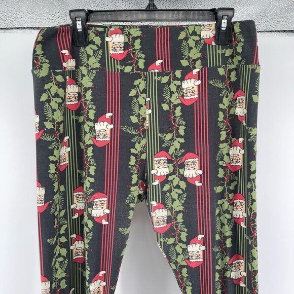 LULAROE Women’s Santa & Holly Red Green Striped High Waist Christmas Leggings - Picture 3 of 14